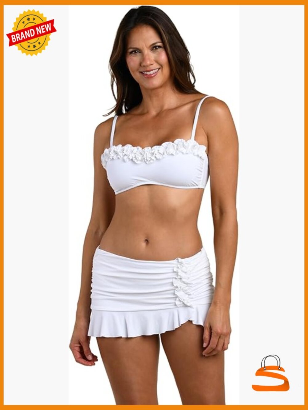 Bandeau Bikini Top With Ruffles, Molded Cups, Adjustable Fit, Size 10